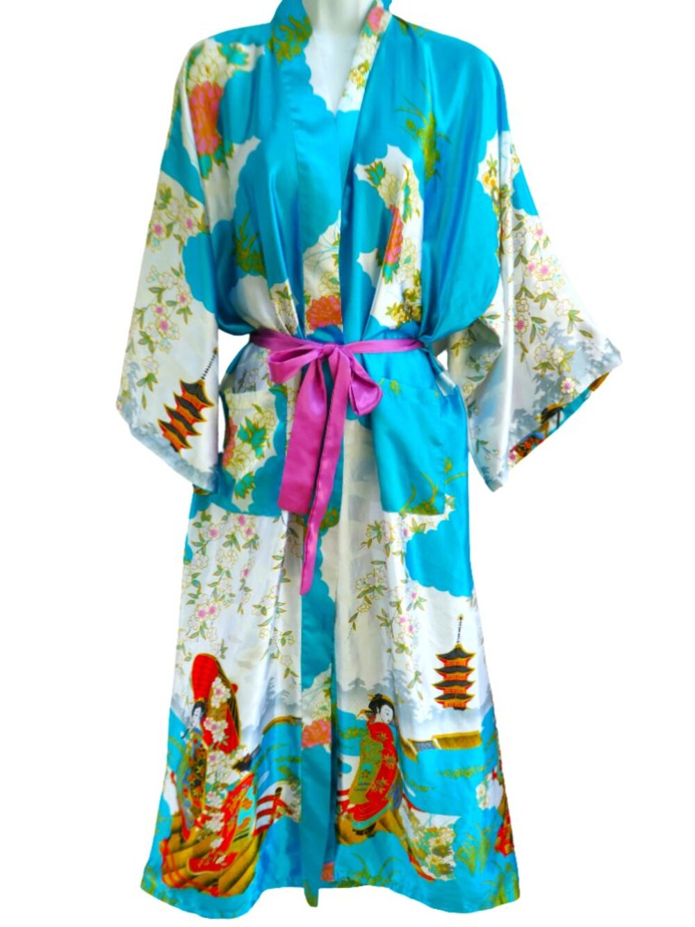Vintage Silver Dragon Satin Geisha Blue Long Dressing Gown Robe Japanese Kimono